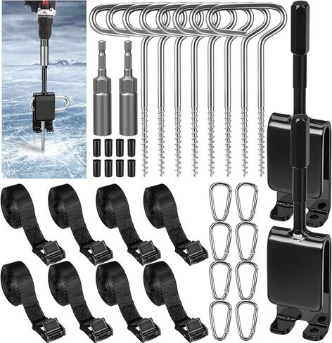 28 Pcs Ice Anchor Drill Adapter Kit 2 Universal Ice Fishing Anchor Tool 2 Drill Adapter 8 Shelter Stake Nails 8 Nylon Straps for Tent Setting up in Saudi Arabia