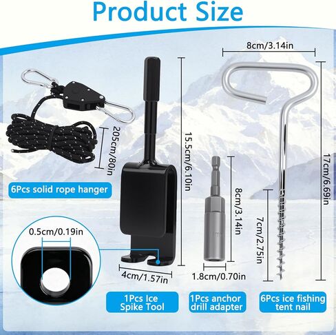 14Pcs Ice Fishing Anchor Tool Kit,Universal Ice Fishing Anchor Tool with Ice Anchor Drill Adapter,Solid Rope Hanger,Ice Fishing Tent Stakes,1/4" Adapter Head for Setting Up Ice Fishing Shelter Tent in Kuwait