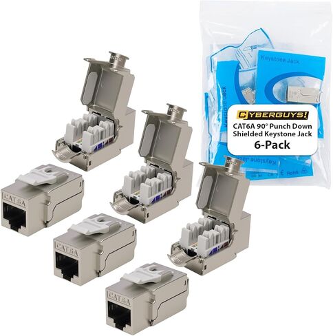 Cyberguys 90° محمية CAT 6A Keystone Jacks 6 عبوات، غلاف معدني مصبوب، 10 جيجابت في الثانية عالية السرعة 90 درجة موصل RJ45 مع مصراع غبار قابل للفصل، يدعم كابلات 23-26AWG STP، معتمدة من ULC in Kuwait