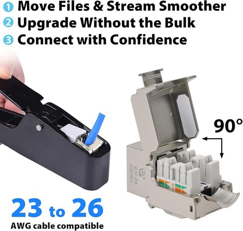 Cyberguys 90° محمية CAT 6A Keystone Jacks 6 عبوات، غلاف معدني مصبوب، 10 جيجابت في الثانية عالية السرعة 90 درجة موصل RJ45 مع مصراع غبار قابل للفصل، يدعم كابلات 23-26AWG STP، معتمدة من ULC in Kuwait
