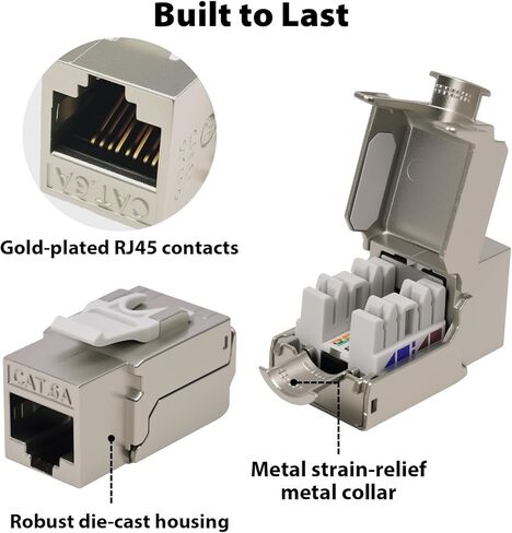 Cyberguys 90° محمية CAT 6A Keystone Jacks 6 عبوات، غلاف معدني مصبوب، 10 جيجابت في الثانية عالية السرعة 90 درجة موصل RJ45 مع مصراع غبار قابل للفصل، يدعم كابلات 23-26AWG STP، معتمدة من ULC in Kuwait