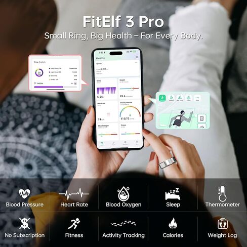 FitElf 3 Pro Smart Ring Fitness Tracker, Health Sleep Tracker, Blood Pressure, Heart Rate and Oxygen Monitor Ring for Women/Men, IP68, No Subscription, 10-Day Battery Life (Silver, #11) in Saudi Arabia