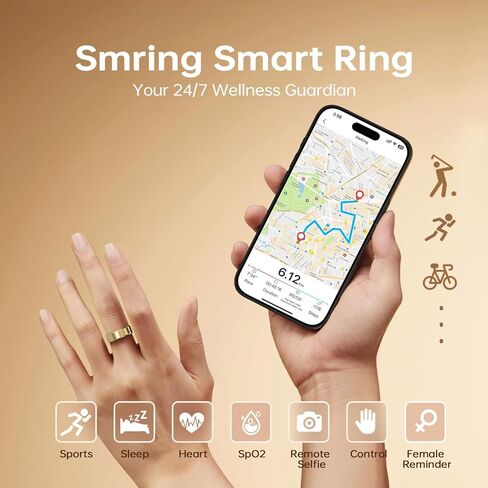Smring Smart Ring، حلقة تتبع اللياقة البدنية، جهاز تتبع الصحة لمراقبة معدل ضربات القلب للنساء/الرجال، IP68 - بدون اشتراك - جهاز تتبع النوم لأجهزة iPhone وAndroid، عمر بطارية يصل إلى 10 أيام (ذهبي، #10) in Kuwait