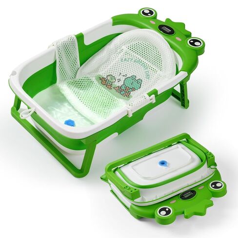 Baby Bathtub,Collapsible Baby Bath Tub with Soft Cushion & Thermometer, Space Saving Foldable & Travel Newborn Bathtub for Infant to Toddler 0-36 Months, Frog Pink in Saudi Arabia