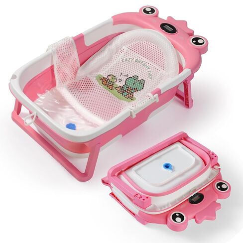Baby Bathtub,Collapsible Baby Bath Tub with Soft Cushion & Thermometer, Space Saving Foldable & Travel Newborn Bathtub for Infant to Toddler 0-36 Months, Frog Pink in Saudi Arabia