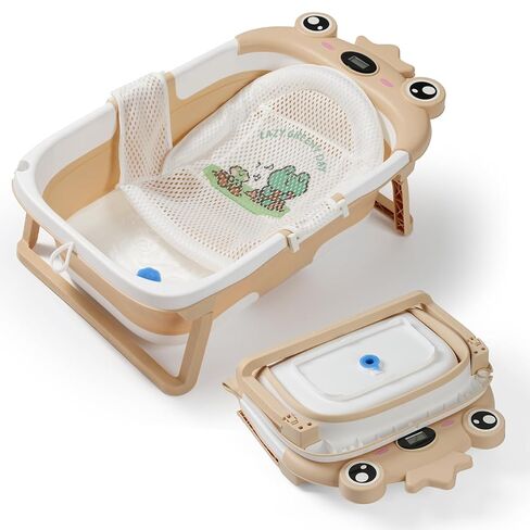 Baby Bathtub,Collapsible Baby Bath Tub with Soft Cushion & Thermometer, Space Saving Foldable & Travel Newborn Bathtub for Infant to Toddler 0-36 Months, Frog Pink in Saudi Arabia