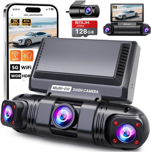 كاميرا ENLIK Dash Cam الأمامية والخلفية 360 Dashcam 4 Channel Car Dash Camera للسيارات، QHD 2K+1080P*3 Camara مع بطاقة 128 جيجابايت، تحكم 5G WiFi والتطبيق، رؤية ليلية/مستشعر G، زاوية واسعة 168 درجة، وضع انتظار السيارات in Kuwait
