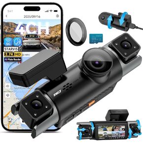 كاميرا IIWEY 3-Channel 4K Dash Cam، Triple STARVIS 2 (IMX678 Front، IMX675 Cabin/Rear) w/PlateTag™، 4K+1080P+2K HDR Night Vision 3.0، تطبيق Wi-Fi بسرعة 5 جيجاهرتز، GPS، وضع انتظار السيارات، بطاقة 128 جيجابايت متضمنة، التحكم الصوتي in Kuwait