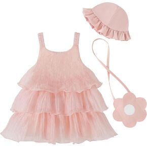 Renotemy Infant Baby Girl Summer Dress Chiffon Ruffle Layered Sling Sundress Party Outfits with Hat and Bag for Toddler Girls in Saudi Arabia