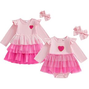 Toddler Baby Girl Valentines Day Outfit Love Heart Romper Dress/Tutu Dresses Glitter Lace Sisters Matching Outfits in Kuwait