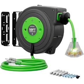 50 FT Retractable Extension Cord Reel, Heavy Duty 12AWG/3C SJTOW Power Cord, Lighted Triple Tap, 15A Circuit Breaker, Wall/Ceiling Mount Electric Cord Reel for Garage & Workshop, ETL Listed, Blue in Saudi Arabia