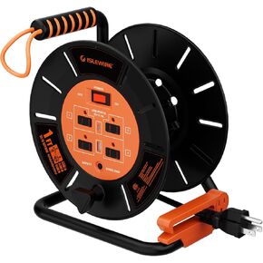 بكرة تخزين سلك تمديد مع 4 منافذ مؤرضة ومنفذين USB، بكرة سلك مفتوحة شديدة التحمل لسلك طاقة بمقياس 12/3، 14/3، 16/3، قابل للسحب من الرياح اليدوية، قاطع دائرة 15 أمبير، مدرج في قائمة ETL، برتقالي in Kuwait