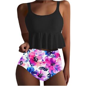 Cute Two Piece Bathing Suits for Women Ruffle Ruffle Hem Crop Top High Waist Bottom Tummy Control Swimsuitr Bikini Set in Saudi Arabia