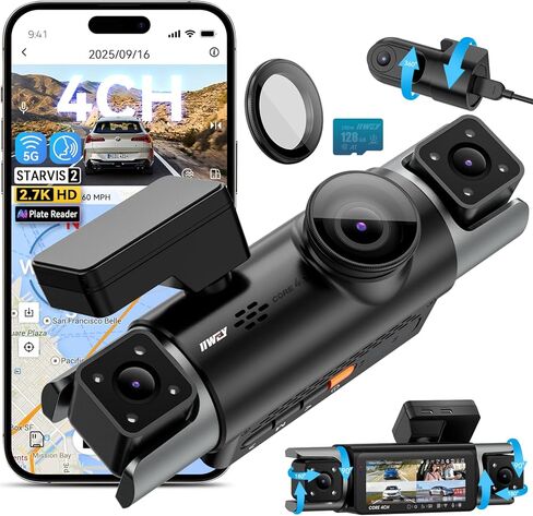 كاميرا IIWEY 3-Channel 4K Dash Cam، Triple STARVIS 2 (IMX678 Front، IMX675 Cabin/Rear) w/PlateTag™، 4K+1080P+2K HDR Night Vision 3.0، تطبيق Wi-Fi بسرعة 5 جيجاهرتز، GPS، وضع انتظار السيارات، بطاقة 128 جيجابايت متضمنة، التحكم الصوتي in Kuwait