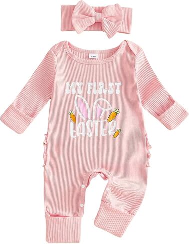 My First Easter Baby Girl Outfit Carrot Bunny Romper Jumpsuit Ruffle Butt Newborn 1st Easter One Piece Clothes in Saudi Arabia