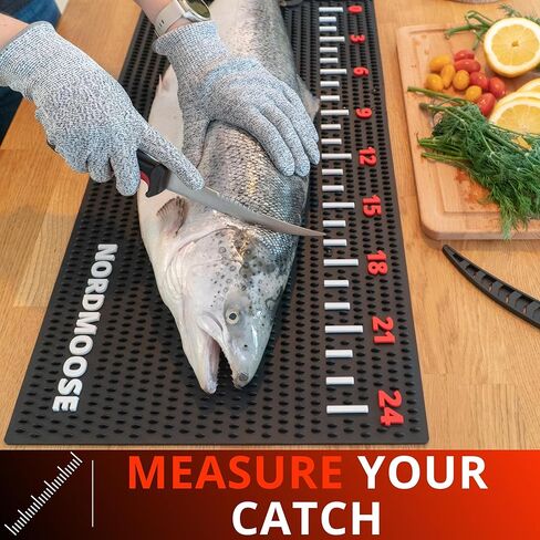 Fish Fillet Mat Kit with Fish Ruler Decal and Fillet Knife, Cutting Gloves. Large 28"x14" Nonslip Fish Cleaning Mat that Grips the Fish - Durable & Easy to Clean, Portable Fish Cutting Board in Saudi Arabia