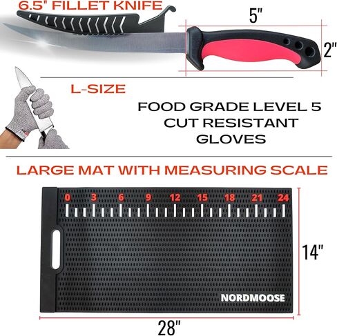 Fish Fillet Mat Kit with Fish Ruler Decal and Fillet Knife, Cutting Gloves. Large 28"x14" Nonslip Fish Cleaning Mat that Grips the Fish - Durable & Easy to Clean, Portable Fish Cutting Board in Saudi Arabia