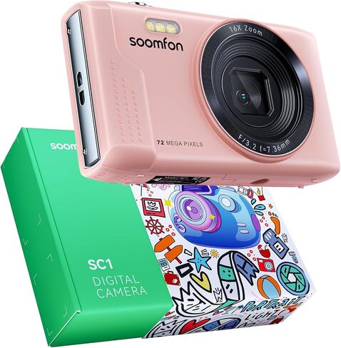 كاميرا رقمية سومفون - كاميرات أطفال بدقة 72 ميجابكسل كحد أقصى مع تكبير 16X، بطاقة TF 32 جيجا، بطاريتين وقارئ بطاقات، كاميرا رقمية مدمجة للأطفال والمراهقين المبتدئين (أسود) in Kuwait