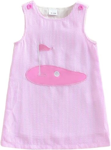 Toddler Baby Girl Golf Dress Sleeveless Tank Dresses Summer Outfit Embroidery Golf Court Seersucker Striped Sundress in Saudi Arabia