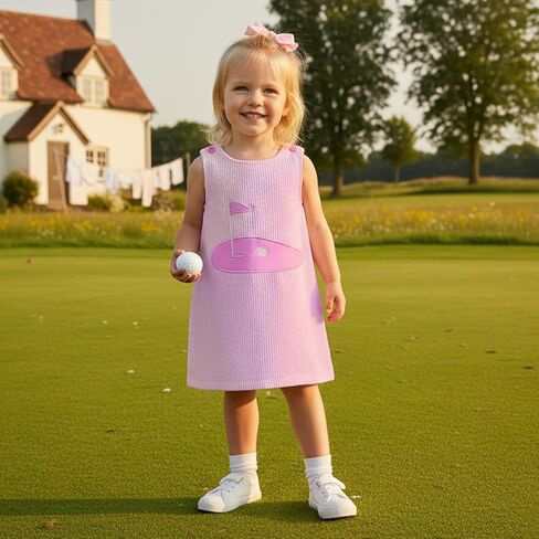 Toddler Baby Girl Golf Dress Sleeveless Tank Dresses Summer Outfit Embroidery Golf Court Seersucker Striped Sundress in Saudi Arabia