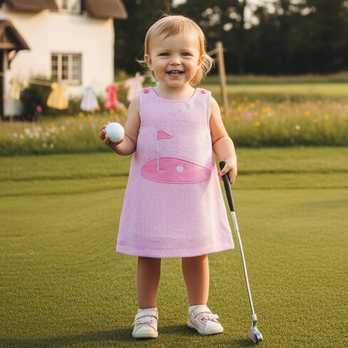 Toddler Baby Girl Golf Dress Sleeveless Tank Dresses Summer Outfit Embroidery Golf Court Seersucker Striped Sundress in Saudi Arabia