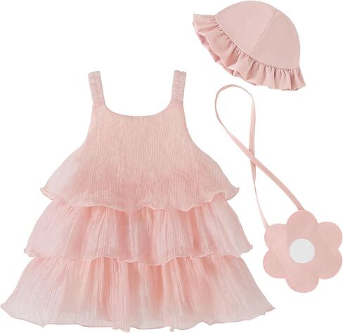 Renotemy Infant Baby Girl Summer Dress Chiffon Ruffle Layered Sling Sundress Party Outfits with Hat and Bag for Toddler Girls in Saudi Arabia