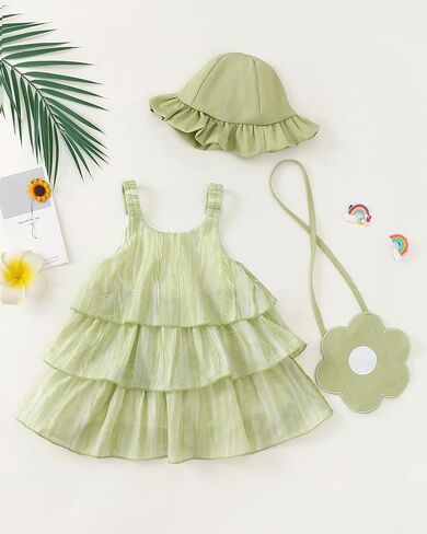 Renotemy Infant Baby Girl Summer Dress Chiffon Ruffle Layered Sling Sundress Party Outfits with Hat and Bag for Toddler Girls in Saudi Arabia
