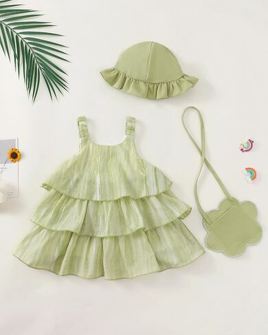 Renotemy Infant Baby Girl Summer Dress Chiffon Ruffle Layered Sling Sundress Party Outfits with Hat and Bag for Toddler Girls in Saudi Arabia