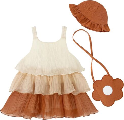 Renotemy Infant Baby Girl Summer Dress Chiffon Ruffle Layered Sling Sundress Party Outfits with Hat and Bag for Toddler Girls in Saudi Arabia
