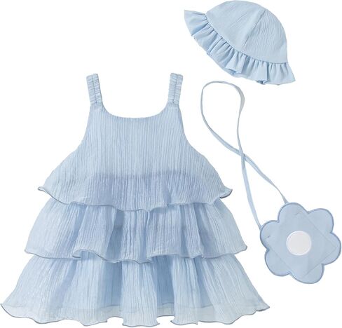 Renotemy Infant Baby Girl Summer Dress Chiffon Ruffle Layered Sling Sundress Party Outfits with Hat and Bag for Toddler Girls in Saudi Arabia