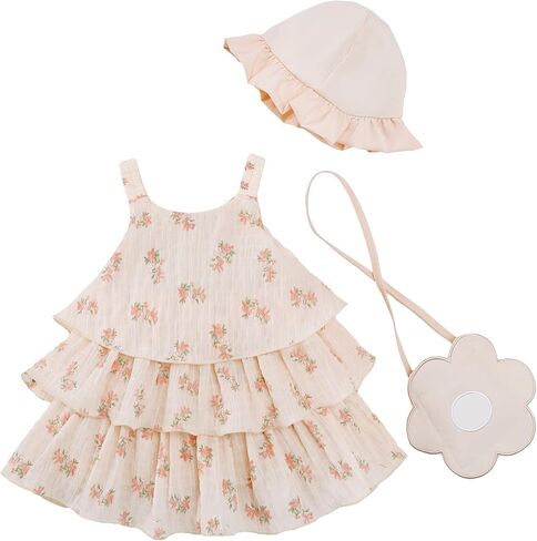 Renotemy Infant Baby Girl Summer Dress Chiffon Ruffle Layered Sling Sundress Party Outfits with Hat and Bag for Toddler Girls in Saudi Arabia