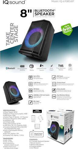 Supersonic IQ Sound IQ-6708DJBT Portable Bluetooth Speaker- Unleash Powerful Sound, Dazzling Light Show, Tiltable Audio Enhancement, USB/SD/AUX Input, TWS, and FM Radio (8 inch) in Saudi Arabia