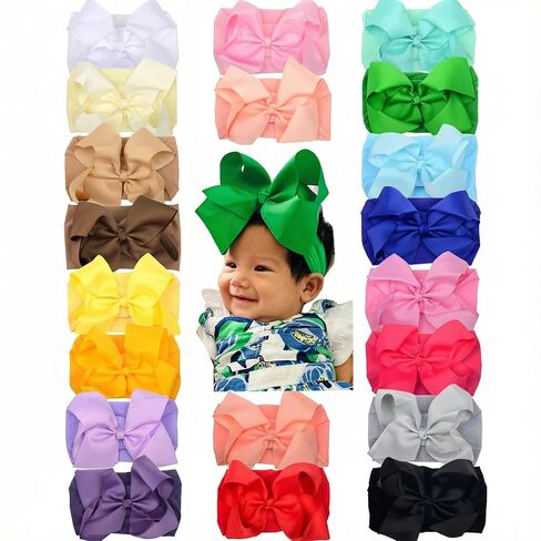 6" Baby Headband Bows, Soft Nylon Hairbands Cute Big Bow Super Elastic Headband for Baby Girls Newborn Infant Toddlers (White 20Colors) in Saudi Arabia