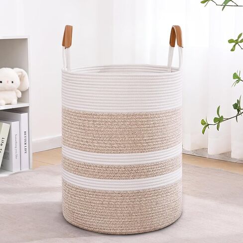 60L Striped Laundry Basket, Blue Laundry Hamper with Leather Handles, Woven Cotton Rope Storage Bin for Blankets, Nursery Hamper for Clothes, Toys In Bathroom, Livingroom, Bedroom in Saudi Arabia