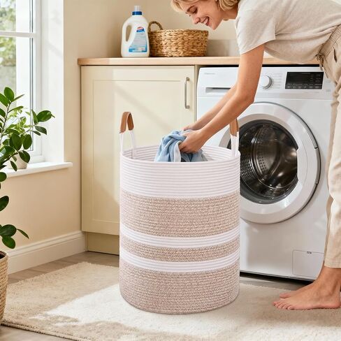 60L Striped Laundry Basket, Blue Laundry Hamper with Leather Handles, Woven Cotton Rope Storage Bin for Blankets, Nursery Hamper for Clothes, Toys In Bathroom, Livingroom, Bedroom in Saudi Arabia