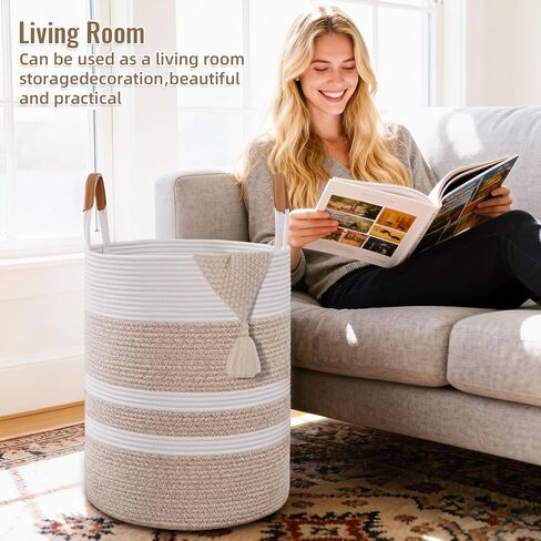 60L Striped Laundry Basket, Blue Laundry Hamper with Leather Handles, Woven Cotton Rope Storage Bin for Blankets, Nursery Hamper for Clothes, Toys In Bathroom, Livingroom, Bedroom in Saudi Arabia