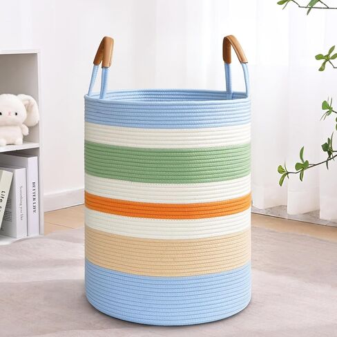 60L Striped Laundry Basket, Blue Laundry Hamper with Leather Handles, Woven Cotton Rope Storage Bin for Blankets, Nursery Hamper for Clothes, Toys In Bathroom, Livingroom, Bedroom in Saudi Arabia