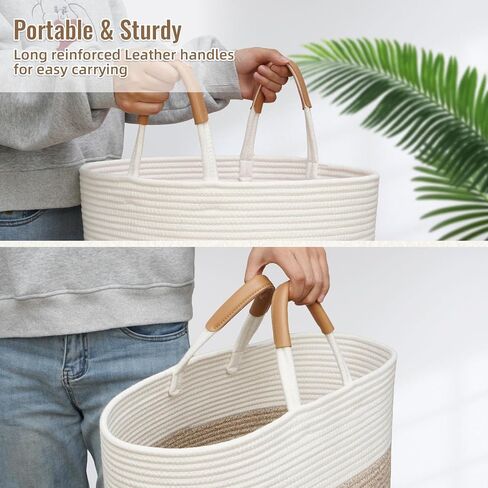 60L Striped Laundry Basket, Blue Laundry Hamper with Leather Handles, Woven Cotton Rope Storage Bin for Blankets, Nursery Hamper for Clothes, Toys In Bathroom, Livingroom, Bedroom in Saudi Arabia