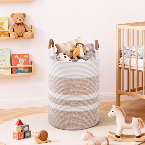 60L Striped Laundry Basket, Blue Laundry Hamper with Leather Handles, Woven Cotton Rope Storage Bin for Blankets, Nursery Hamper for Clothes, Toys In Bathroom, Livingroom, Bedroom in Saudi Arabia