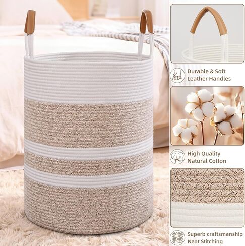 60L Striped Laundry Basket, Blue Laundry Hamper with Leather Handles, Woven Cotton Rope Storage Bin for Blankets, Nursery Hamper for Clothes, Toys In Bathroom, Livingroom, Bedroom in Saudi Arabia
