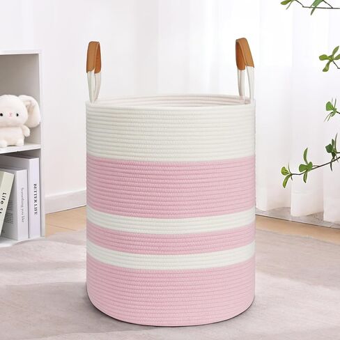 60L Striped Laundry Basket, Blue Laundry Hamper with Leather Handles, Woven Cotton Rope Storage Bin for Blankets, Nursery Hamper for Clothes, Toys In Bathroom, Livingroom, Bedroom in Saudi Arabia