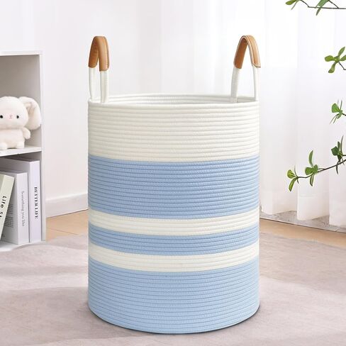 60L Striped Laundry Basket, Blue Laundry Hamper with Leather Handles, Woven Cotton Rope Storage Bin for Blankets, Nursery Hamper for Clothes, Toys In Bathroom, Livingroom, Bedroom in Saudi Arabia