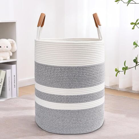 60L Striped Laundry Basket, Blue Laundry Hamper with Leather Handles, Woven Cotton Rope Storage Bin for Blankets, Nursery Hamper for Clothes, Toys In Bathroom, Livingroom, Bedroom in Saudi Arabia