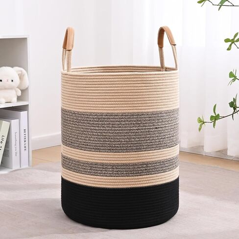 60L Striped Laundry Basket, Blue Laundry Hamper with Leather Handles, Woven Cotton Rope Storage Bin for Blankets, Nursery Hamper for Clothes, Toys In Bathroom, Livingroom, Bedroom in Saudi Arabia