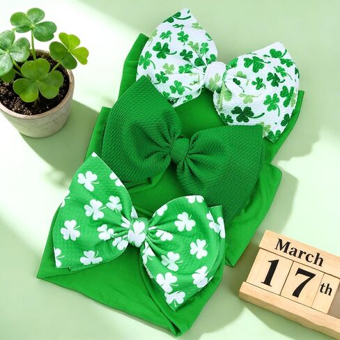 3 قطع من Nydotd 6 بوصات St Patricks Baby Girls Bows Headbands Shamrock Clover Hairbands Green Bow Headband for حديثي الولادة والأطفال الصغار St Patricks Day إكسسوارات الشعر in Kuwait