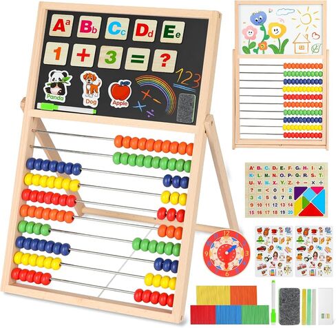العداد الخشبي للأطفال الرياضيات مع السبورة البيضاء على الوجهين، الحروف والأرقام، عد العصي، ساعة الكل في واحد، لعبة مونتيسوري التعليمية، أساسيات المدرسة المنزلية لعمر 3 4 5 6 7 8+ سنة in Kuwait
