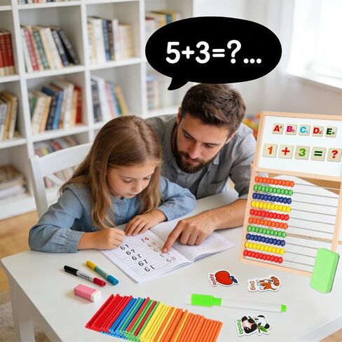 العداد الخشبي للأطفال الرياضيات مع السبورة البيضاء على الوجهين، الحروف والأرقام، عد العصي، ساعة الكل في واحد، لعبة مونتيسوري التعليمية، أساسيات المدرسة المنزلية لعمر 3 4 5 6 7 8+ سنة in Kuwait