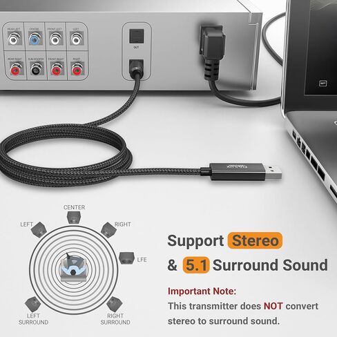 كابل صوت بصري Cubilux USB A إلى TOSLINK، سلك USB أحادي الاتجاه من النوع A إلى SPDIF، جهاز إرسال S/PDIF للكمبيوتر/الكمبيوتر المحمول/الكمبيوتر الشخصي (5.1 صوت محيطي) وPS5/4 (ستيريو) فقط، 6.6 قدم in Kuwait
