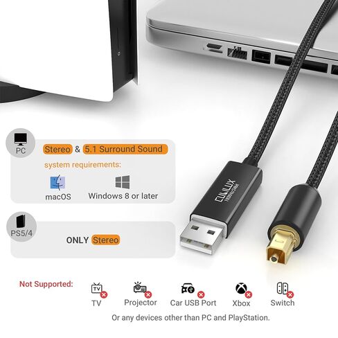 كابل صوت بصري Cubilux USB A إلى TOSLINK، سلك USB أحادي الاتجاه من النوع A إلى SPDIF، جهاز إرسال S/PDIF للكمبيوتر/الكمبيوتر المحمول/الكمبيوتر الشخصي (5.1 صوت محيطي) وPS5/4 (ستيريو) فقط، 6.6 قدم in Kuwait