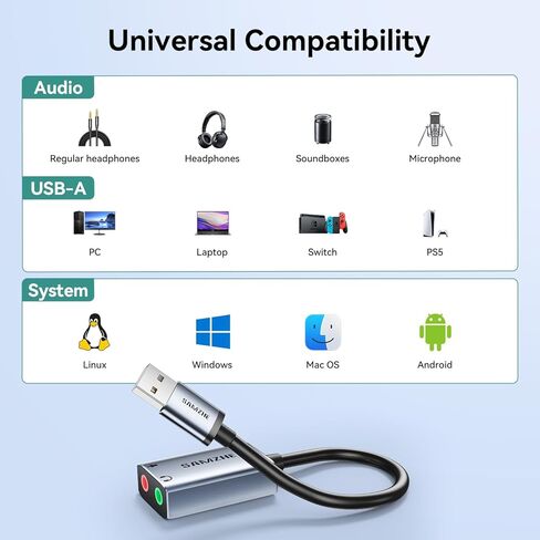 محول بطاقة الصوت SAMZHE USB إلى مقبس الصوت مع سماعة رأس TRS مزدوجة 3 أقطاب 3.5 مم وميكروفون USB إلى Aux 3.5 مم محول صوت خارجي لأجهزة Windows وMac وLinux وأجهزة الكمبيوتر المحمولة وأجهزة الكمبيوتر المكتبية وPS5 وSwitch 2 in Kuwait